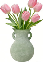 Green Glass Vase with Handles, 7.5 Inch Rustic pottery Style Flower Vase, Vintage Decorative Round Bud Jar for Dried Flowers, Earthy Aesthetic Centerpiece for Modern Farmhouse & Boho Spring Home Decor