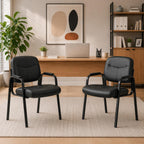Leather Waiting Room Chair No Wheels, Office Guest Reception Seating with Padded Arms, Stationary Conference Table Chair for Lobby Clinic Home Desk Bedroom, Comfortable Dining Kitchen Armchair, Inky