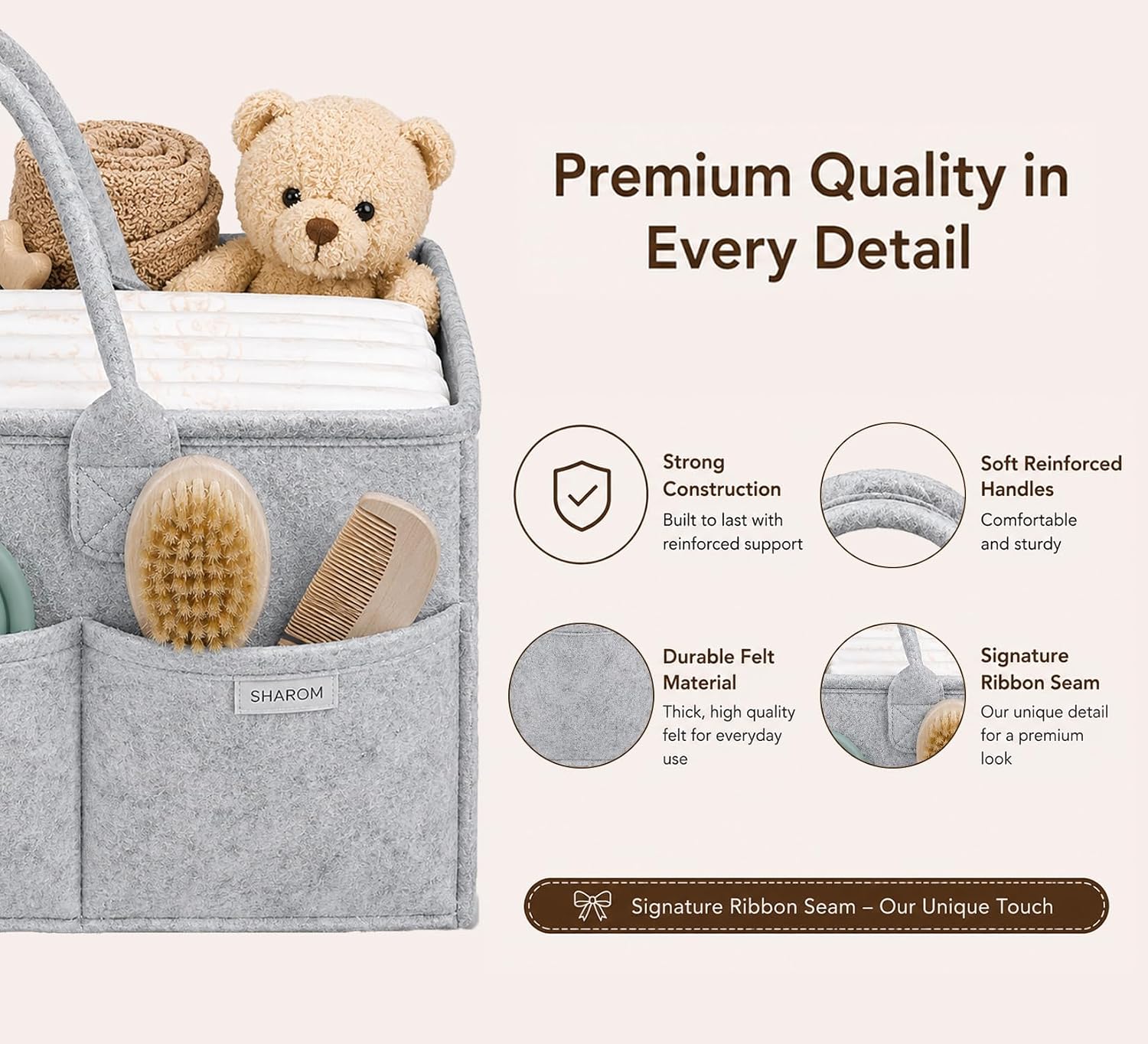 SHAROM Essential Baby Caddy for Newborns. Spacious, Sturdy & Portable Diaper and Nappy Caddy for Newborn Essentials, Nursery Storage Basket & Organiser for Baby Shower Gifts (Grey)