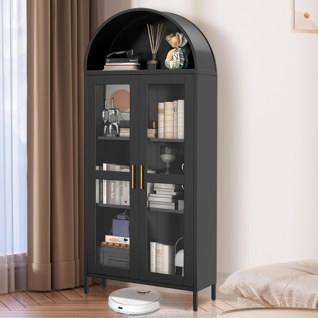 73" Tall Metal Arched Kitchen Pantry,Pantry Cabinet with Glass Door, 2 Adjustable Shelves,Modern Farmhouse Display Bookshelf for Kitchen, Dining Room, Bathroom,Black
