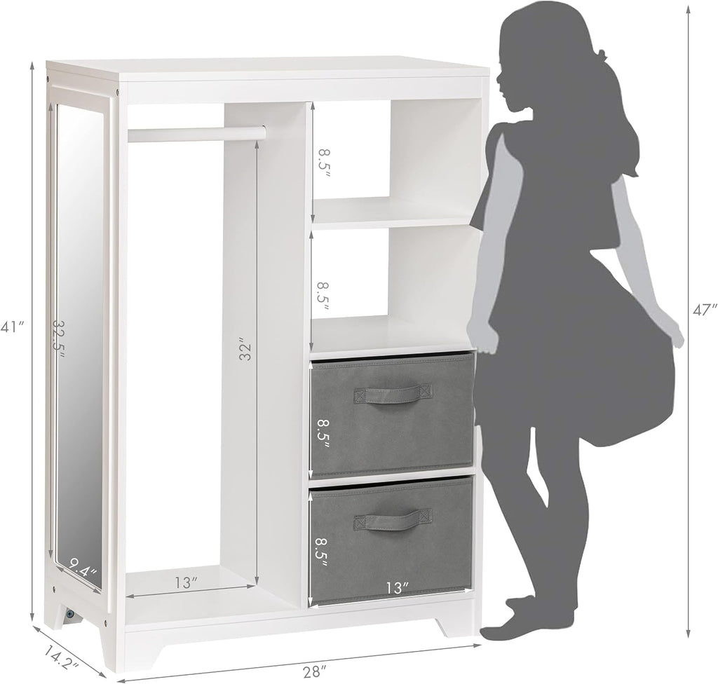 UTEX Kids Dress Up Storage with 2 Storage Bins and Full Length Mirror | Kids Armoire, Opening Hanging Kids Closet Wardrobe, Water-based Paint