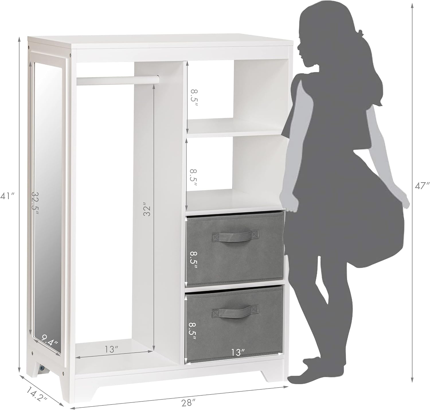 UTEX Kids Dress Up Storage with 2 Storage Bins and Full Length Mirror | Kids Armoire, Opening Hanging Kids Closet Wardrobe, Water-based Paint