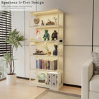 Display Cabinet with Glass Doors, 5-Tier 65" Glass Display Cabinet with LED 3-Color Lights & Human Body Sensor, Curio Cabinet with Textured Wood Shelves for Collectibles (Warm White Iron Frame