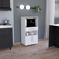 Classic White Kitchen Pantry with Open Shelves, Microwave Shelf, & Storage Doors - 48" H, Pine Wood