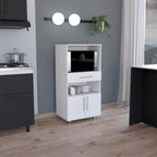Classic White Kitchen Pantry with Open Shelves, Microwave Shelf, & Storage Doors - 48" H, Pine Wood