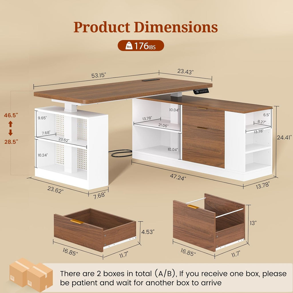 UPOSOJA L Shaped Standing Desk Adjustable Height, 53" Electric Office Desk with File Drawers & Storage Shelves, Sit Stand Corner Computer Desk with Power Outlets, Pegboard, 6 Hooks, White& Walnut
