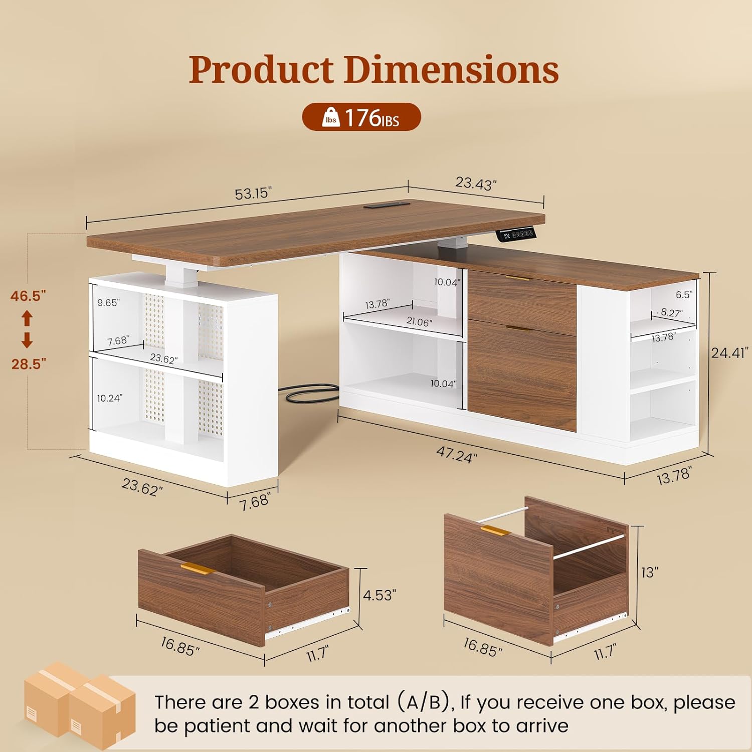 UPOSOJA L Shaped Standing Desk Adjustable Height, 53" Electric Office Desk with File Drawers & Storage Shelves, Sit Stand Corner Computer Desk with Power Outlets, Pegboard, 6 Hooks, White& Walnut