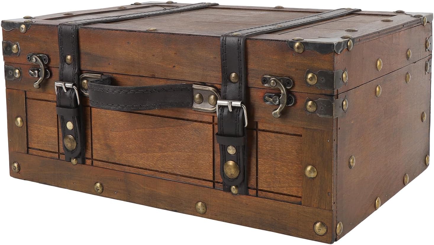 Sonew Vintage Distressed Wooden Storage Trunk with Textured Leather Handle for Multipurpose Use - Portable Antique Style Wood Chest for Clothes, Toys, and Photo Props (Large)