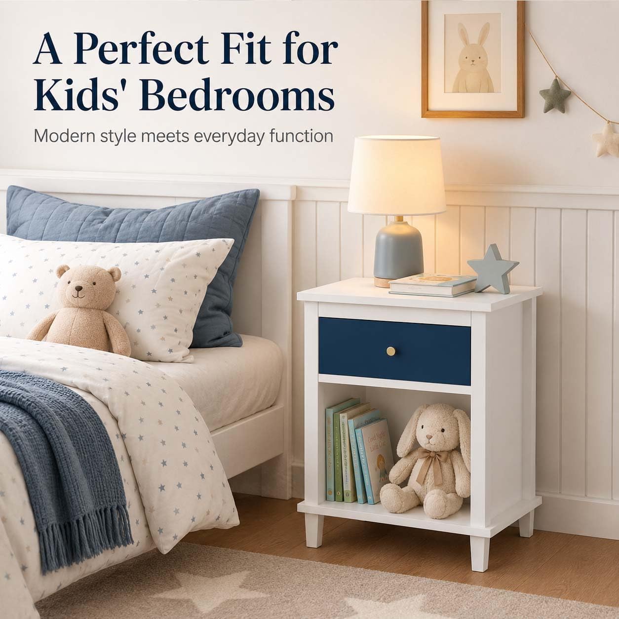 Kids Nightstand with One Drawer, Modern Wood Bedside Table with Open Storage Shelf, Night Stand End Table for Boys Girls Bedroom (Navy, White)