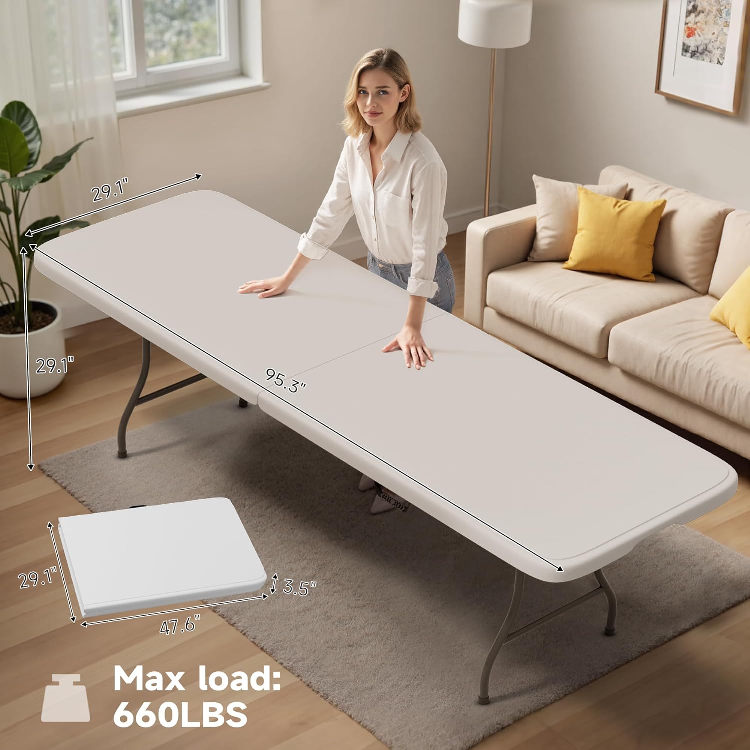 Folding Table 8 Foot - Heavy Duty 660LBS Capacity, Sturdy & Foldable Design with Safety Lock - Portable Tables Folding for Camping, Party, Indoor & Outdoor Use, 2 Pack