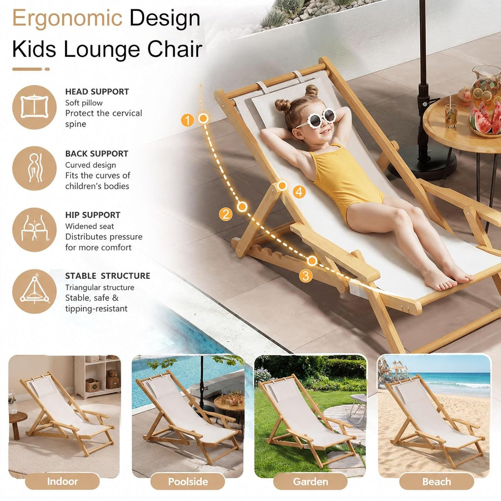 Kids Lounge Chair Outdoor, Wooden Frame with Canvas Fabric, Outdoor Folding Deck Chair for Kids Ages 5+, Portable & Lightweight for Backyard, Poolside(Black1)