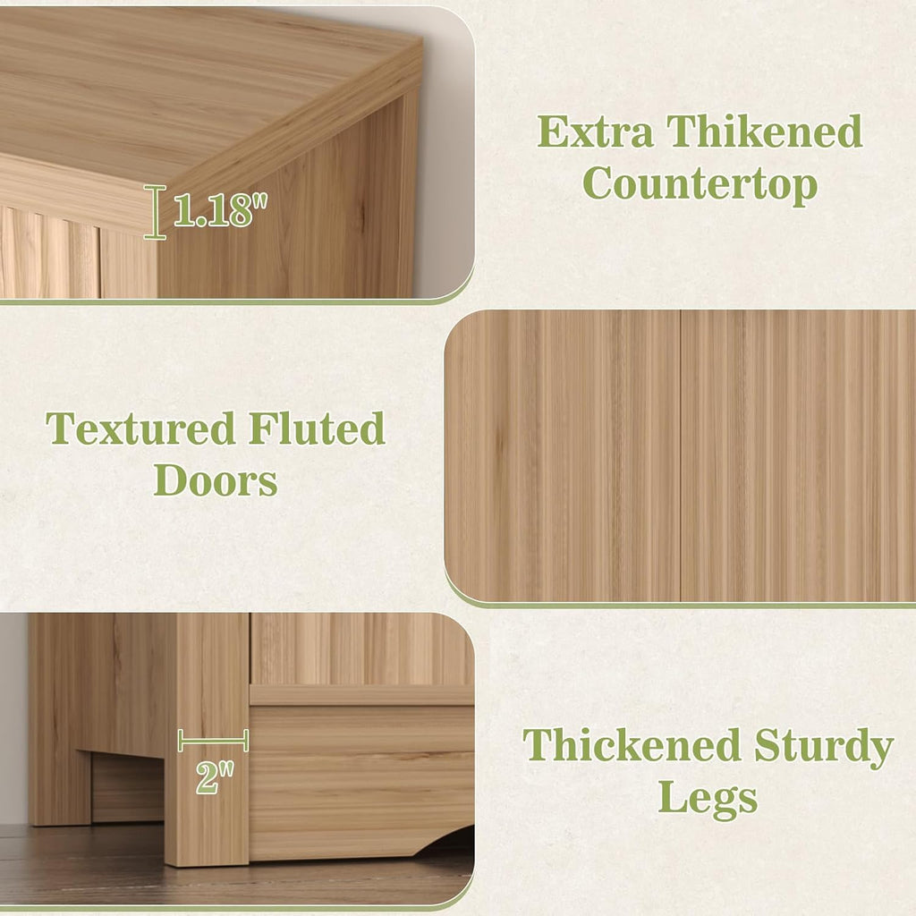 Cyclysio 55" Fluted Buffet Cabinet with Drawers, Modern Sideboard Credenza with Adjustable Shelves, Coffee Bar Table with Storage for Dining Room, Entryway, Kitchen, Natural Oak