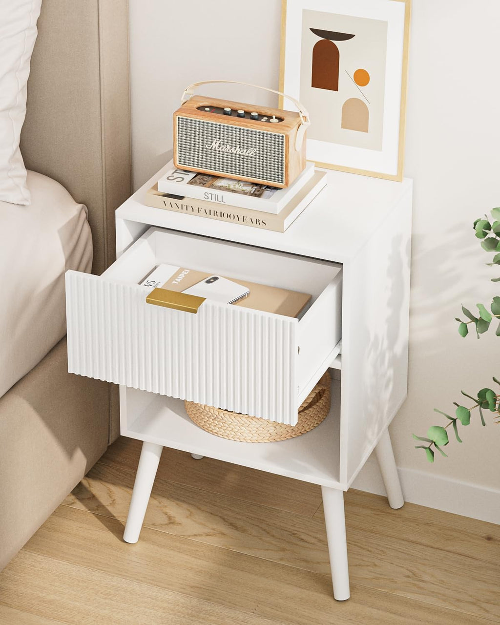 Aienvey Nightstand, Small Side Table, Bedside Table with Drawer, Modern Night Stand, End Table for Bedroom, Living Room (White Stripe)