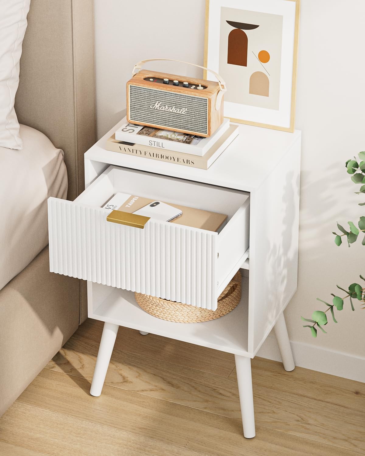 Aienvey Nightstand, Small Side Table, Bedside Table with Drawer, Modern Night Stand, End Table for Bedroom, Living Room (White Stripe)