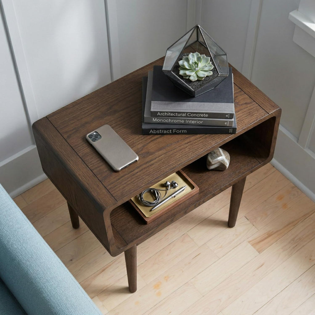 Hives & Honey Dora Side Table, Mid-Century Modern Nightstand with Open Storage Shelf, Wood End Table with Rounded Edges & Tapered Legs for Bedroom or Living Room, Walnut