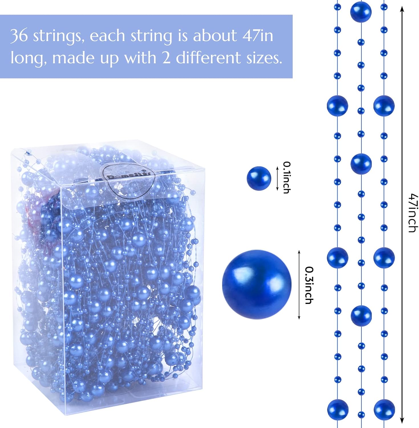 DomeStar 36 PCS Blue Pearl Strings for Floating Candle, Artificial Beads Strings Blue Faux Pearls Vase Fillers for Wedding Table Centerpiece DIY Garland