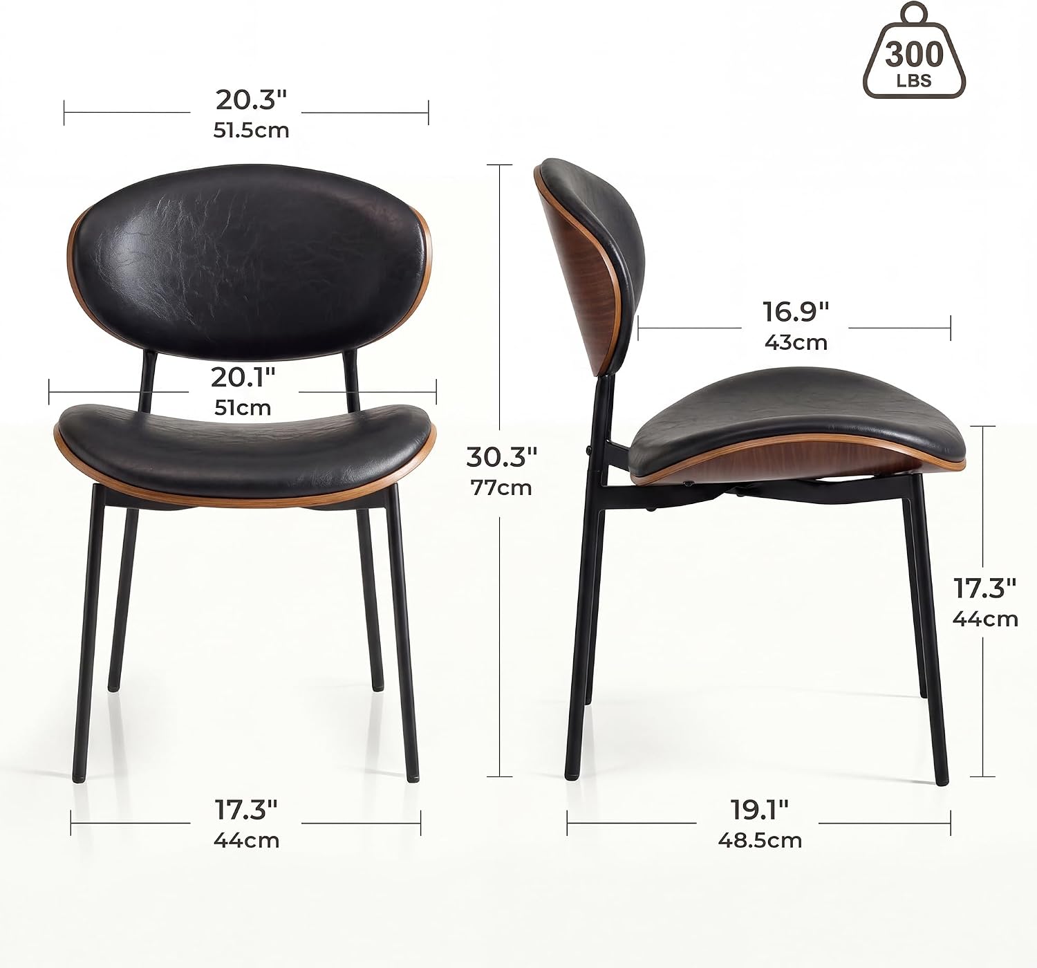 BedsPick Mid-Century Modern Dining Chairs Set of 4, PU Leather Upholstered Dining Room Chairs with Walnut Grain Back, Bentwood Kitchen Chairs with Adjustable Feetpads for Dining Room, Kitchen, Black