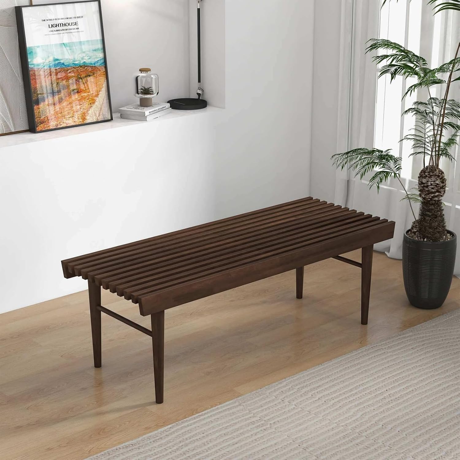 Mid Century Modern Solid Wood Bench with Natural Walnut Stain Finish 15.5'' H x 47.2'' W x 18.1'' D for Living Room, Hallway, Bedroom, Bathroom