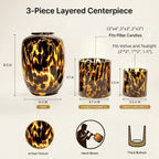 Amber Tortoise Shell Glass Vase & Candle Holder Set of 3, Hand Blown Farmhouse Centerpiece Decor, Vintage Warm Home Decor for Dining Table, Coffee Table, Wedding, Fall