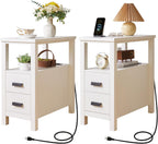 End Table with Charging Station,Narrow Nightstand with 2 Drawers,Sofa Side Table with USB Ports and Outlets,Wooden Bedside Cabinet, Slim Storage Accent Furniture for Bedroom Living Room (White)