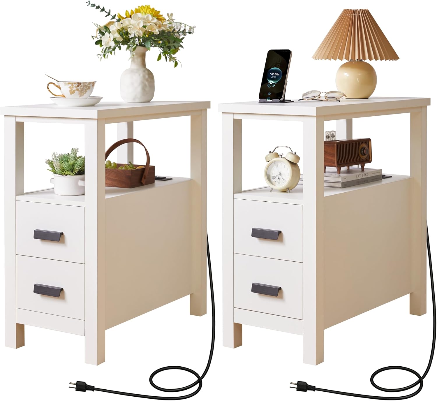 End Table with Charging Station,Narrow Nightstand with 2 Drawers,Sofa Side Table with USB Ports and Outlets,Wooden Bedside Cabinet, Slim Storage Accent Furniture for Bedroom Living Room (White)