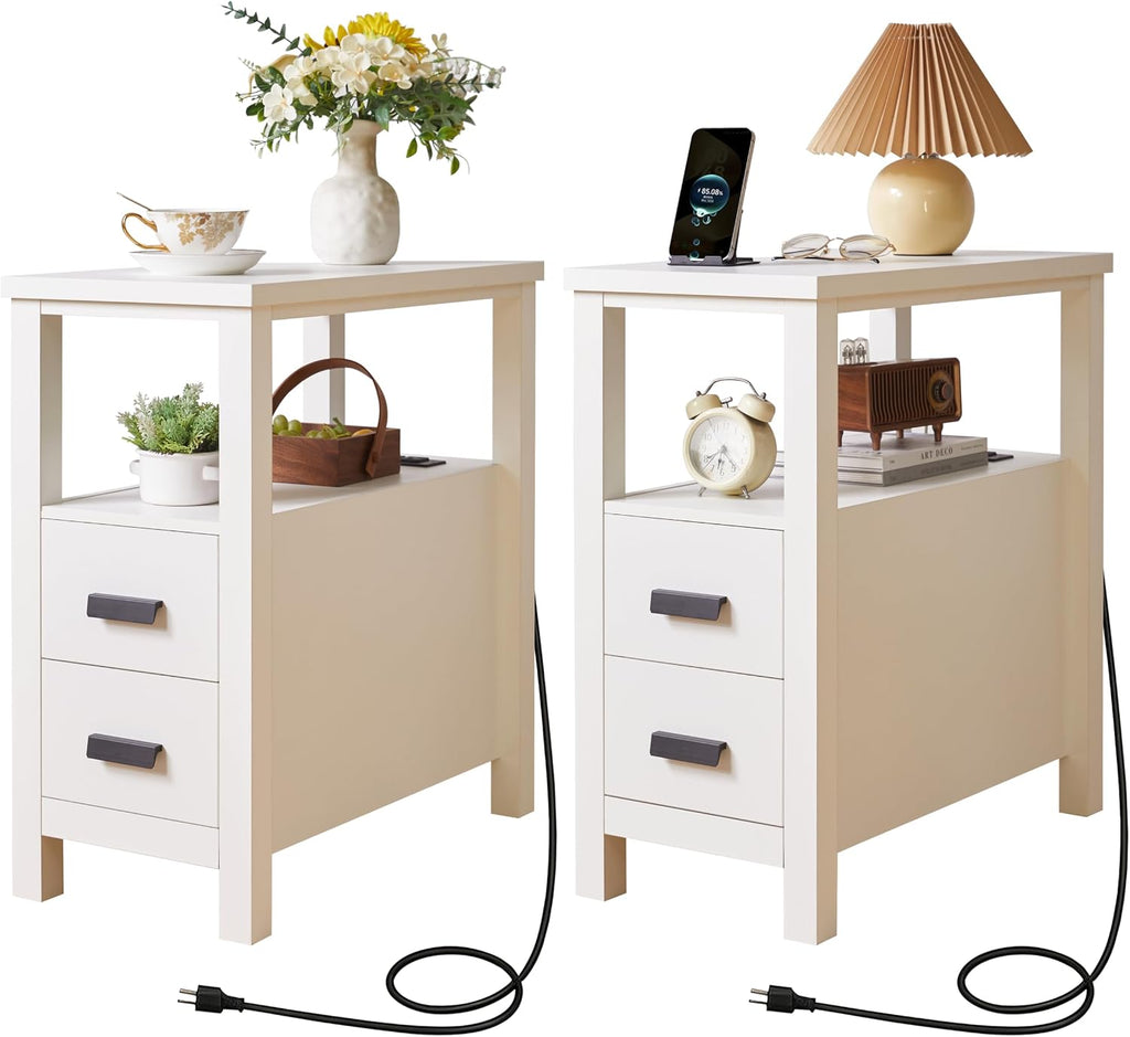 End Table with Charging Station, Narrow Nightstand with 2 Drawers and Open Shelf, Bedside Table with USB Ports and Outlets, Modern Wood Side Table for Bedroom Living Room Office (White)