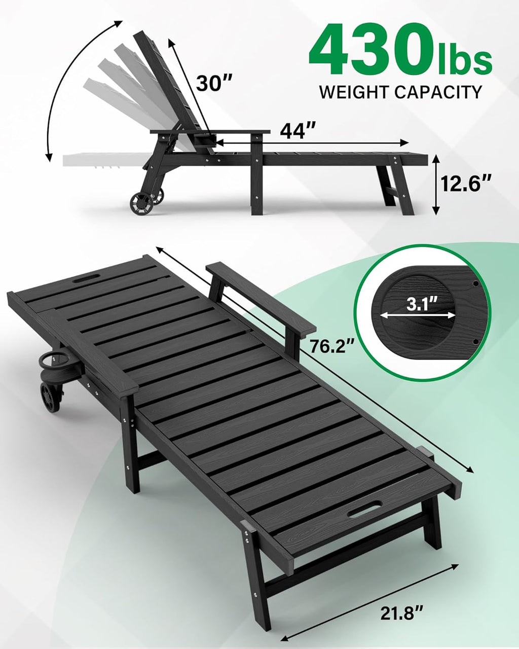 YEFU Lounge Chair Outdoor Set of 2: Outdoor Chaise Lounge with 5-Level Adjustable Backrest, Cup Holders & Wheels, All-Weather Resistance Chaise Lounge for Outside/Patio/Beach/Deck, Black