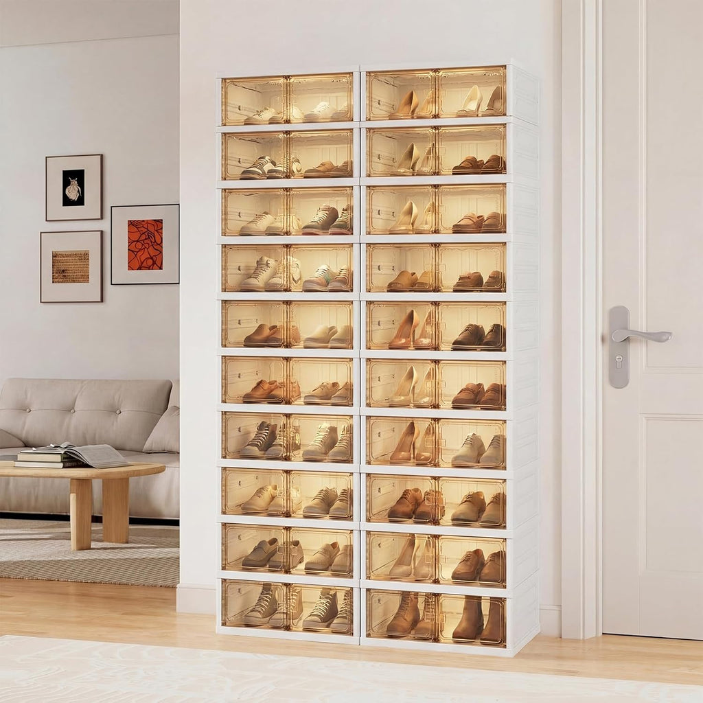 10-Tier Foldable Shoe Rack Organizer, 40 Pairs Stackable & Collapsible Shoe Cabinet with Transparent Doors & Leather Handles, Space-Saving Storage for Closet, Kitchen, Cabinet (No Boots Tier)