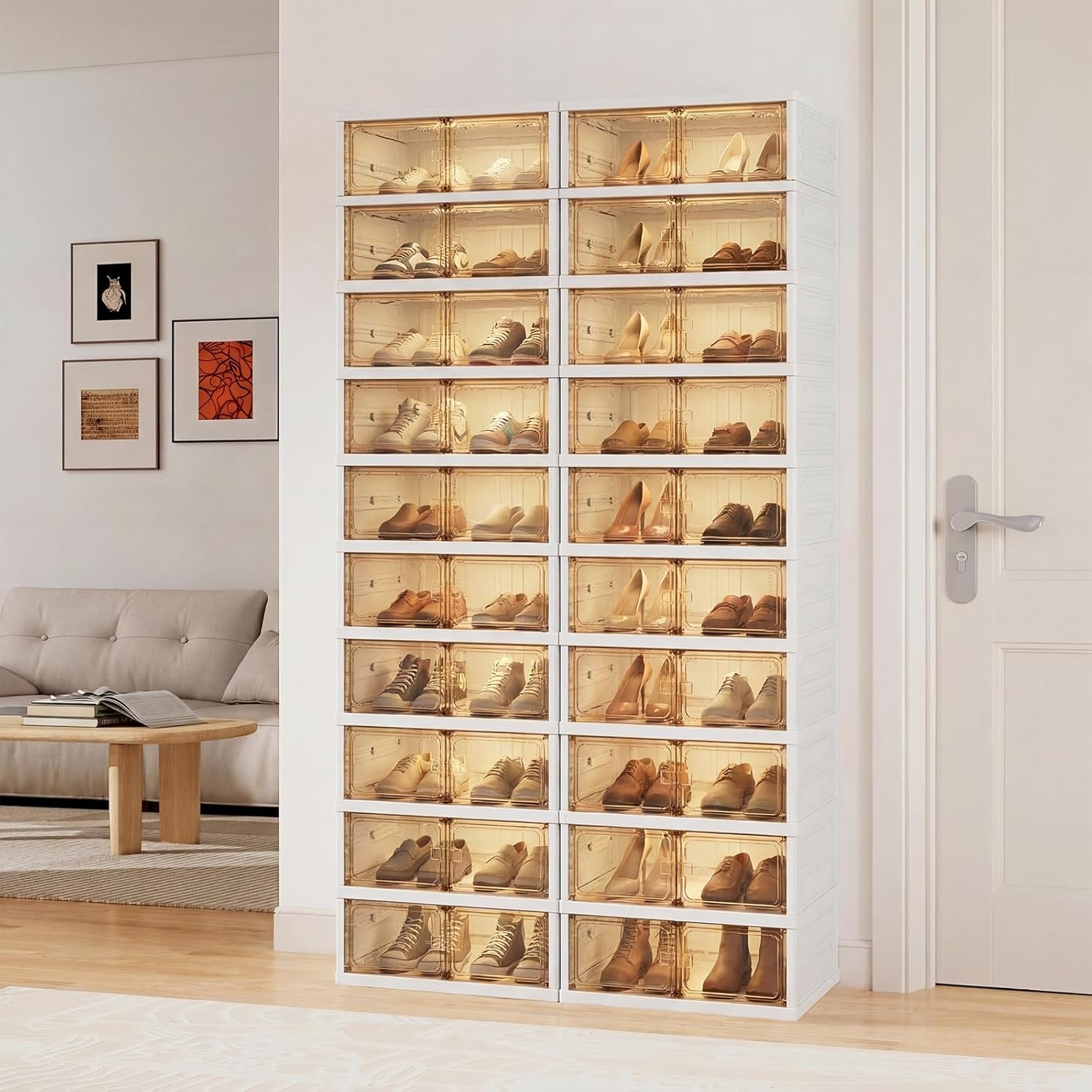 10-Tier Foldable Shoe Rack Organizer, 40 Pairs Stackable & Collapsible Shoe Cabinet with Transparent Doors & Leather Handles, Space-Saving Storage for Closet, Kitchen, Cabinet (No Boots Tier)