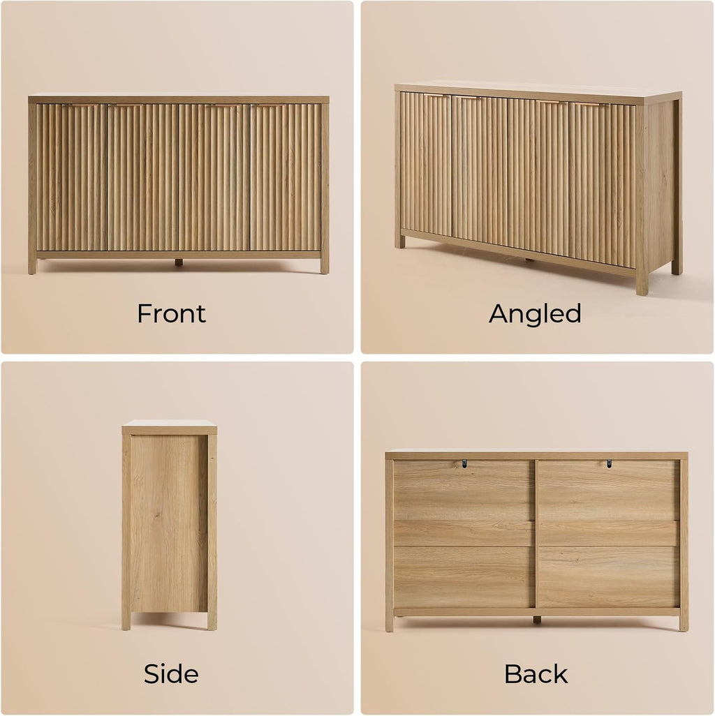 OAKHAM HOME Buffet Cabinet Fluted Sideboard 56" Accent Cabinet with Adjustable Shelves 4 Doors Modern Storage Credenza for Living Room Kitchen Hallway,Golden Oak
