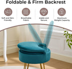 Velvet Teal Small Vanity Chair & Stool - 13" Dx13 W Folding Back Storage Ottoman, Anti-Slip Golden V-Leg for Bedroom Makeup Room