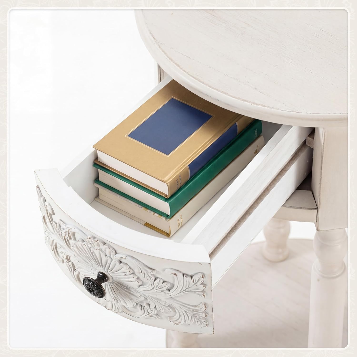 COSIEST White Nightstand with Drawer and Shelf, 25.4" Tall French Vintage Bedside Table, Small End Table with Hand-Carved Floral Resin Face, Wood Accent Side Table for Bedroom & Living Room