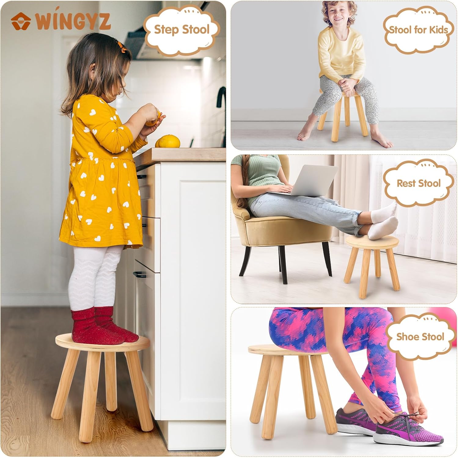WINGYZ Wooden Step Stools for Kids, 10 Inch Solid Kids Chairs Perfect Matched Sensory Table, Multi-Purpose Children Sitting Stool for Playroom Bathroom (Natural, 2 Pack)