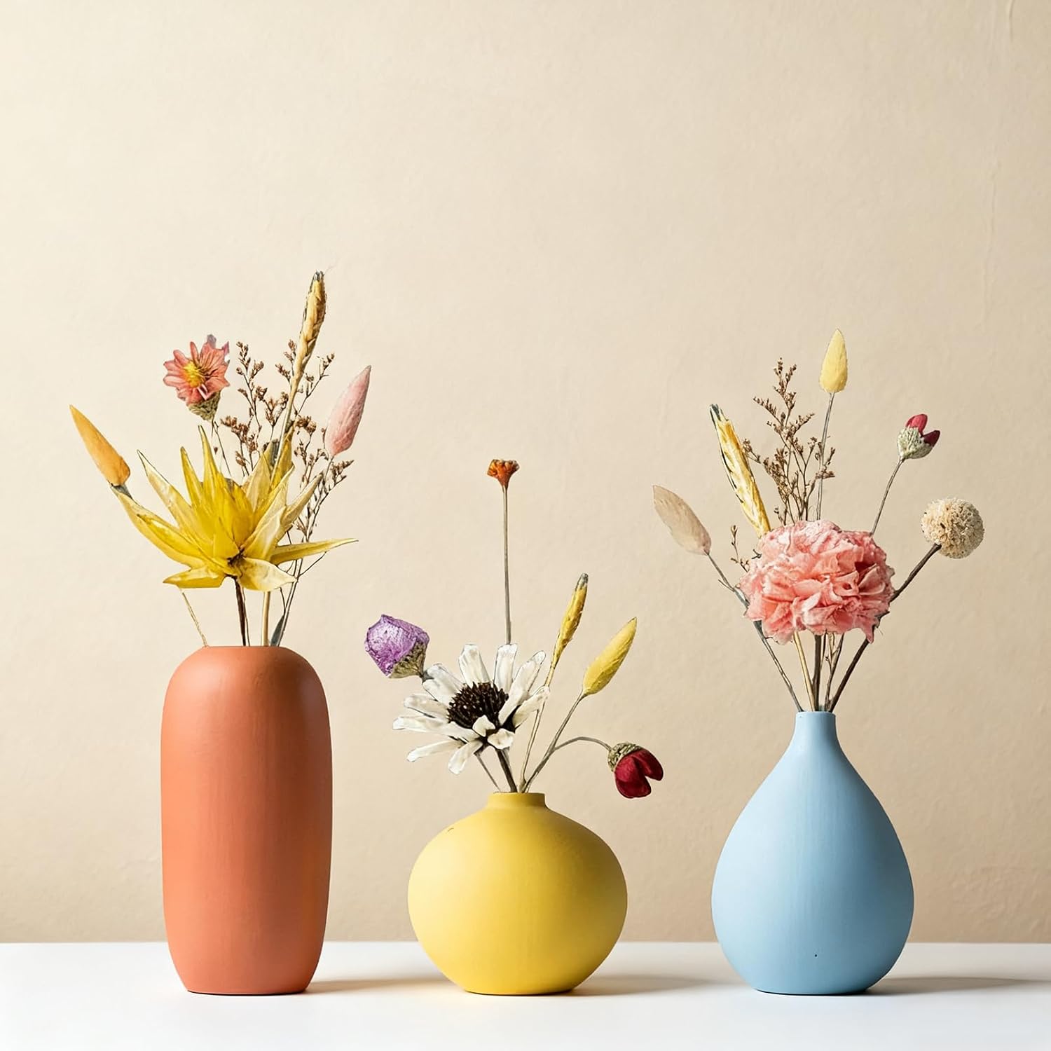 Small Multi Color Ceramic Vase Set of 3 Modern and Minimalist Decorative Frosted Orange Yellow Cerulean for Home Decor, Office, Shelf, Table, Bookshelf, Entryway, Coffee Table Decor