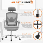 Sweetcrispy Office Computer Desk Chair with Footrest,Ergonomic High-Back Mesh Rolling Work Swivel Chairs with Wheels,Comfortable Lumbar Support,Comfy Arms for Home,Bedroom,Study,Student,Light Grey