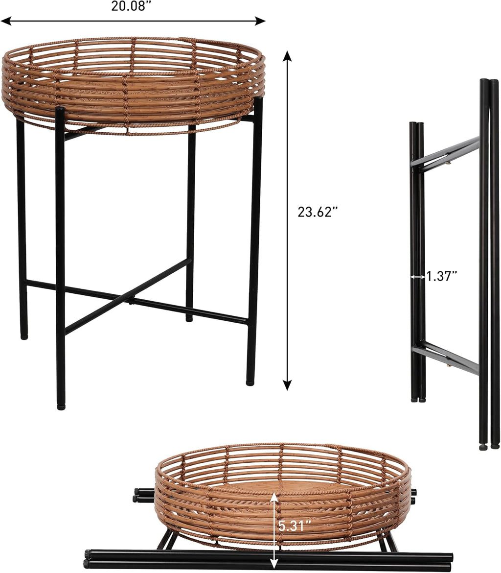 JONATHAN Y Malia 23" Round Faux Rattan Tray Top End Table, Bohemian Woven Accent Side Table with Black Metal Cross Base, Nightstand for Living Room and Bedroom, Brown and Black TBL2509B