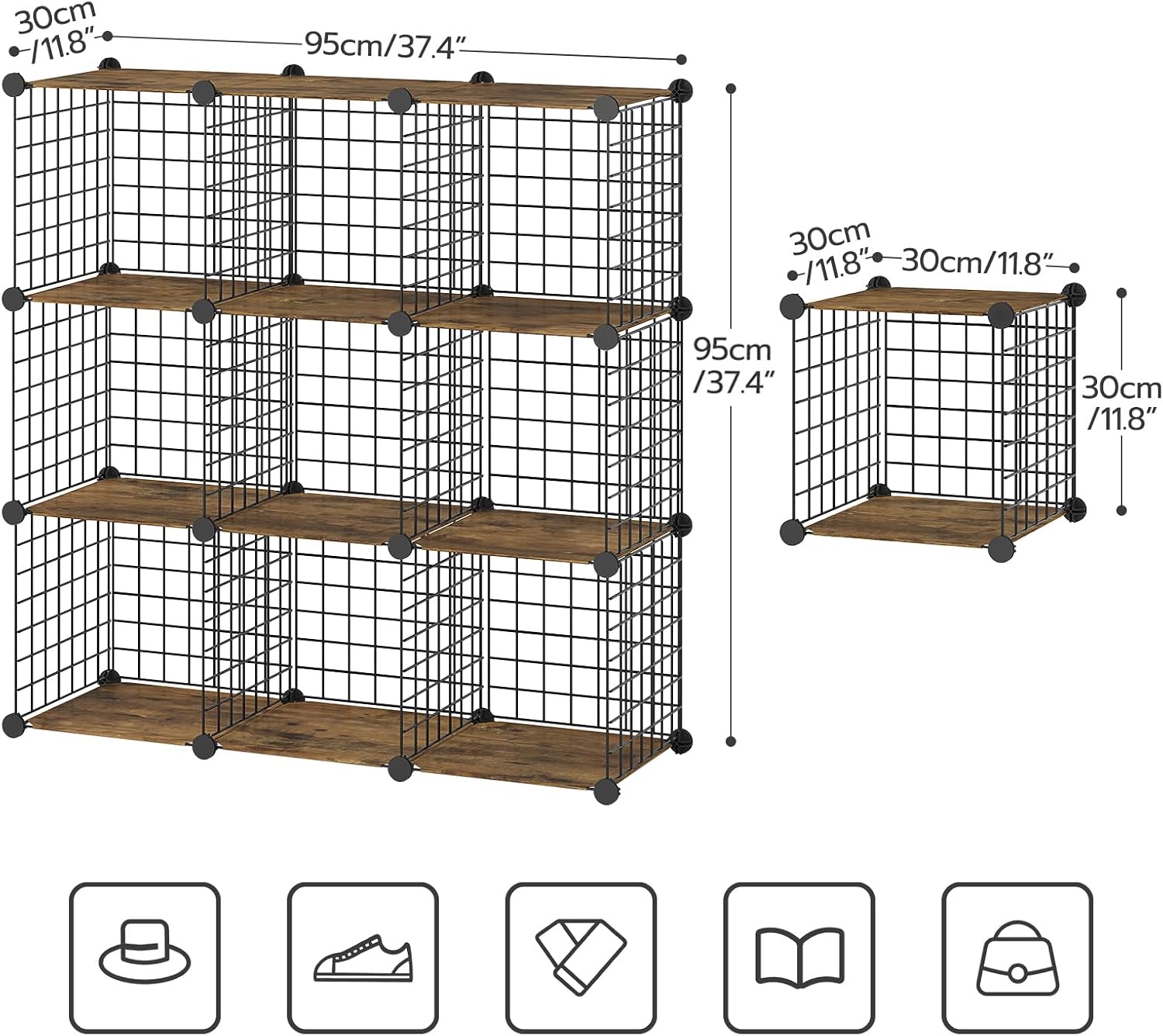 HOOBRO Wedge End Table and Wire Cube Storage Organizer, Recliner Wedge Side Table, 9-Cube Shelves, Modular Shelves with Metal Grid, DIY Closet Cabinet BF64UBZ01G1-BF09CW01