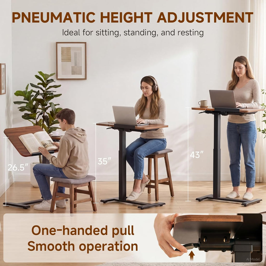 GTPLAYER Pneumatic Adjustable Standing Desk, 28 Inch Tiltable Mobile Rolling Laptop Table with Wheels, Overbed Bedside Table Computer Workstation for Home Office, Walnut