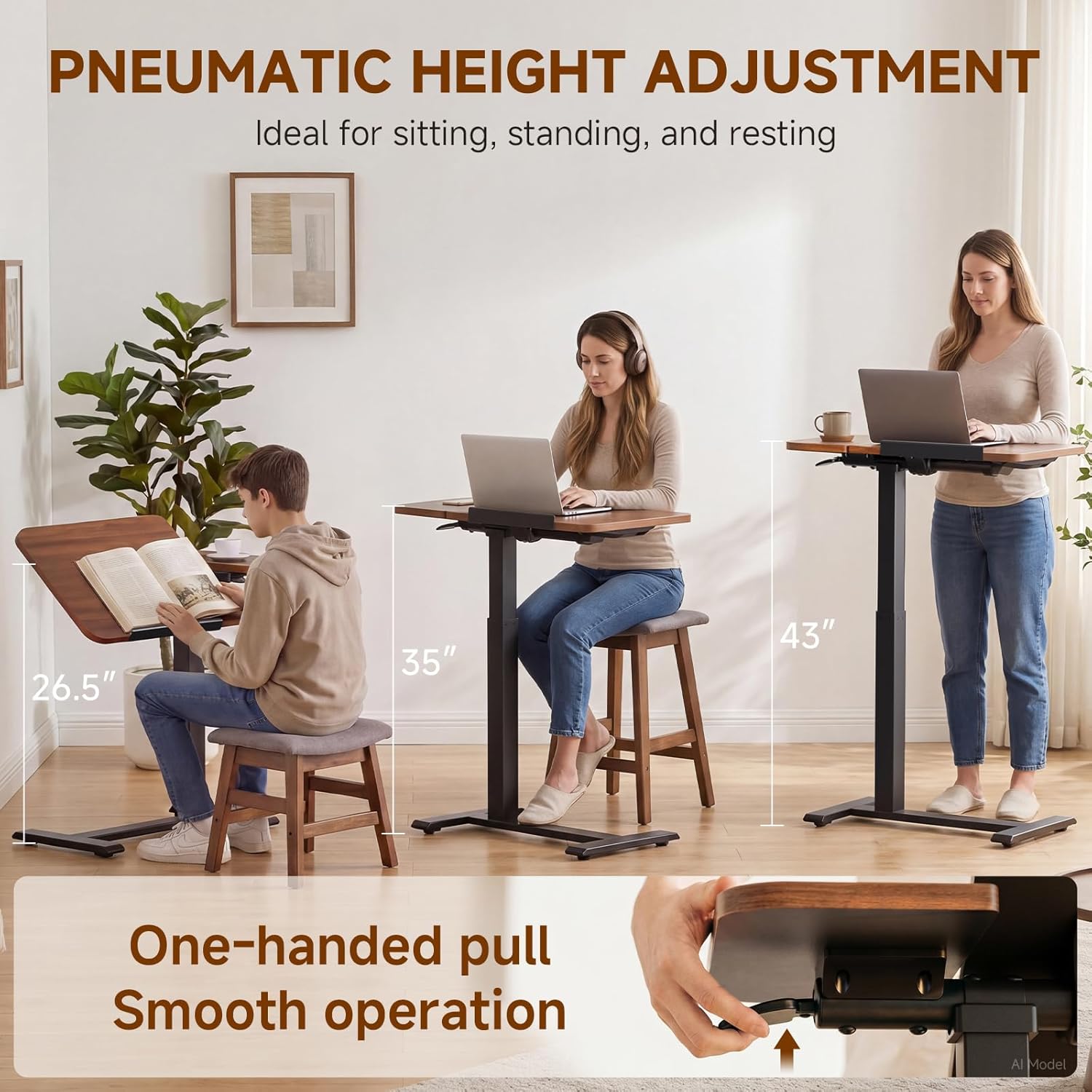 GTPLAYER Pneumatic Adjustable Standing Desk, 28 Inch Tiltable Mobile Rolling Laptop Table with Wheels, Overbed Bedside Table Computer Workstation for Home Office, Walnut