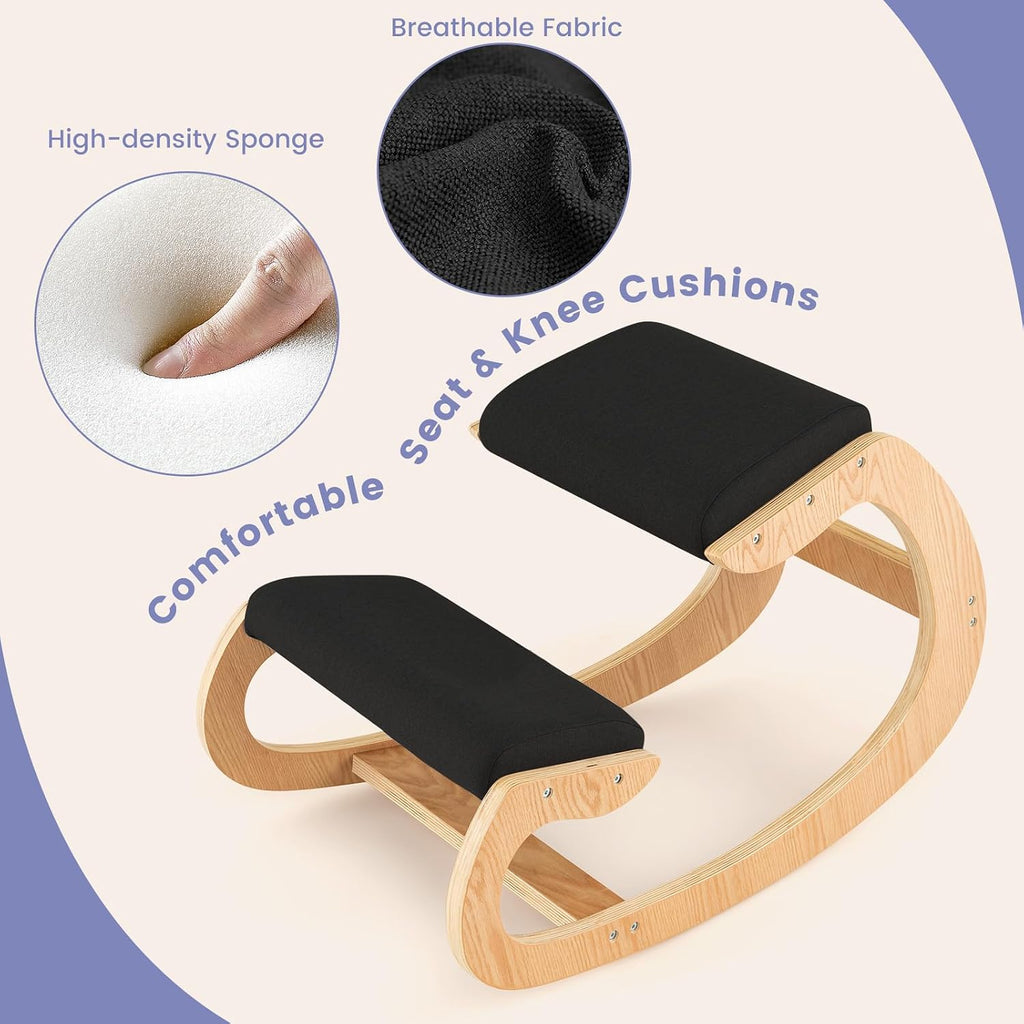 GOFLAME Ergonomic Kneeling Chair, Wooden Rocking Knee Chair with Comfortable Padded Seat Cushion & Knee Support for Home Office, Upright Posture Support Chair for Back Pain Relief (Black)
