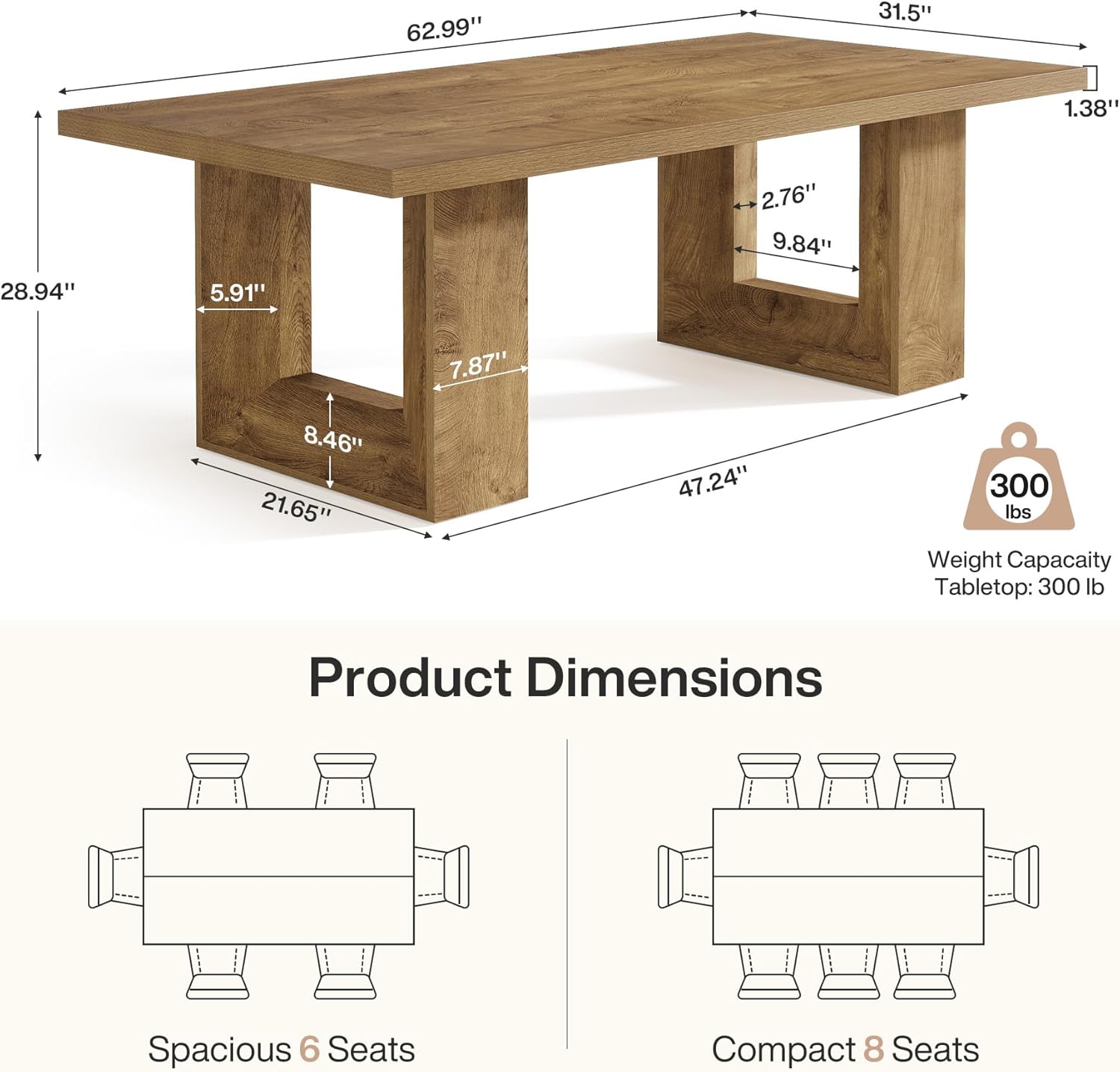 Tribesigns Farmhouse Wooden Dining Table, 63-Inch Rectangular Kitchen Table with Heavy Duty Legs for Kitchen & Dining & Living Room, Brown