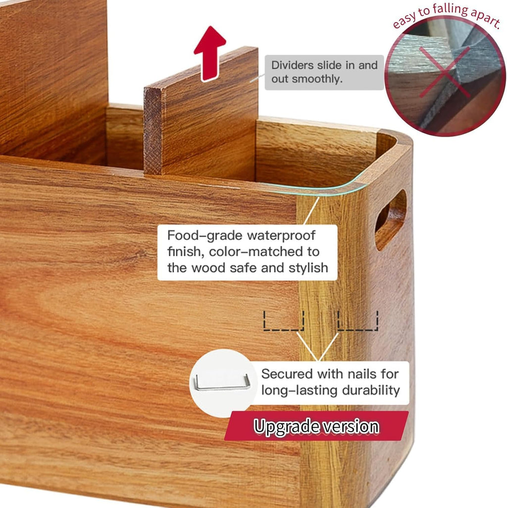 Wooden Kitchen Utensil Holder Organizer for Counter or Countertop, Large Wooden Utensil Holder for Storage Cooking and Silverware with 6 Compartment, Acacia Rustic Wood Container Extra Large