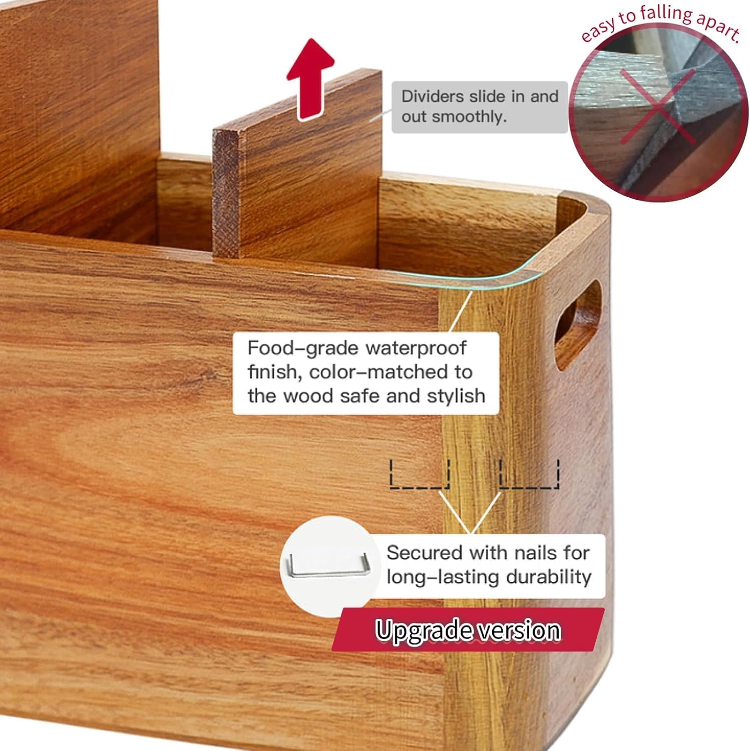 Wooden Kitchen Utensil Holder Organizer for Counter or Countertop, Large Wooden Utensil Holder for Storage Cooking and Silverware with 6 Compartment, Acacia Rustic Wood Container Extra Large