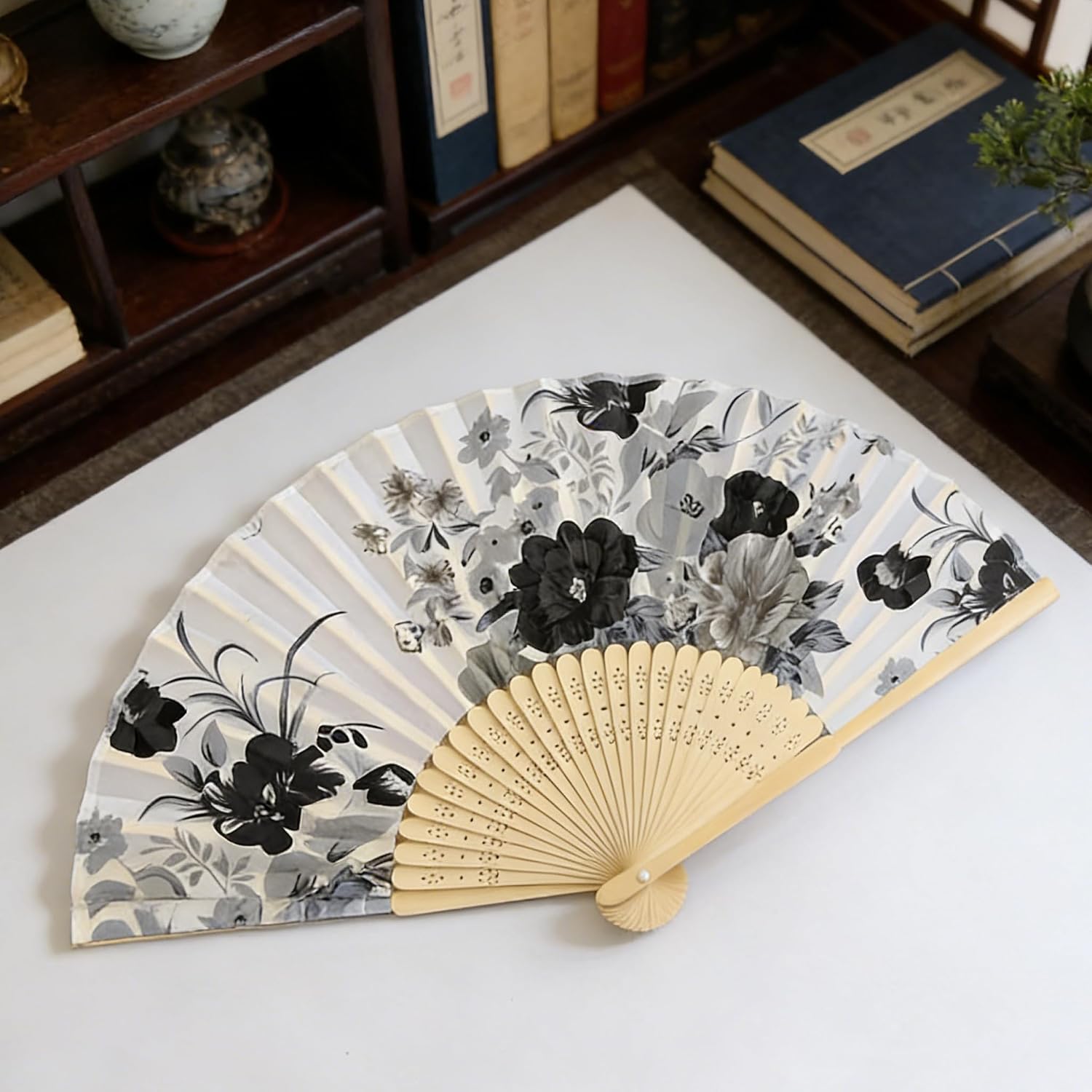 8.26x15.74Inches Handheld Folding Fan with Vintage Chinese Floral Patterns, Portable Collapsible Summer Fan, Unisex Traditional Style, Dance Performance Prop, Pocket-Sized Easy to Carry,White