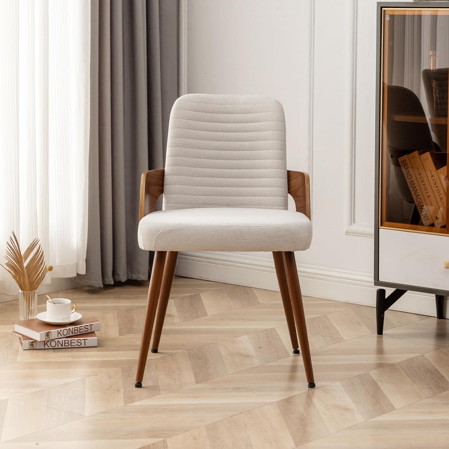 Dining Room Chairs,Mid Century Modern Kitchen Chairs,Upholstered Beige Fabric Accent Chairs,Metal Legs Wooden Desk Chairs Armless and No Wheels for Kitchen Dining Living Room,1PCS