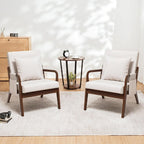 HOMMPA Mid-Century Modern Accent Chair Set of 2, Comfy Reading Armchair with Solid Wood Frame & Lumbar Pillow, Upholstered Linen Lounge Chair with Side Pocket for Living Room, Bedroom,Balcony(Beige)