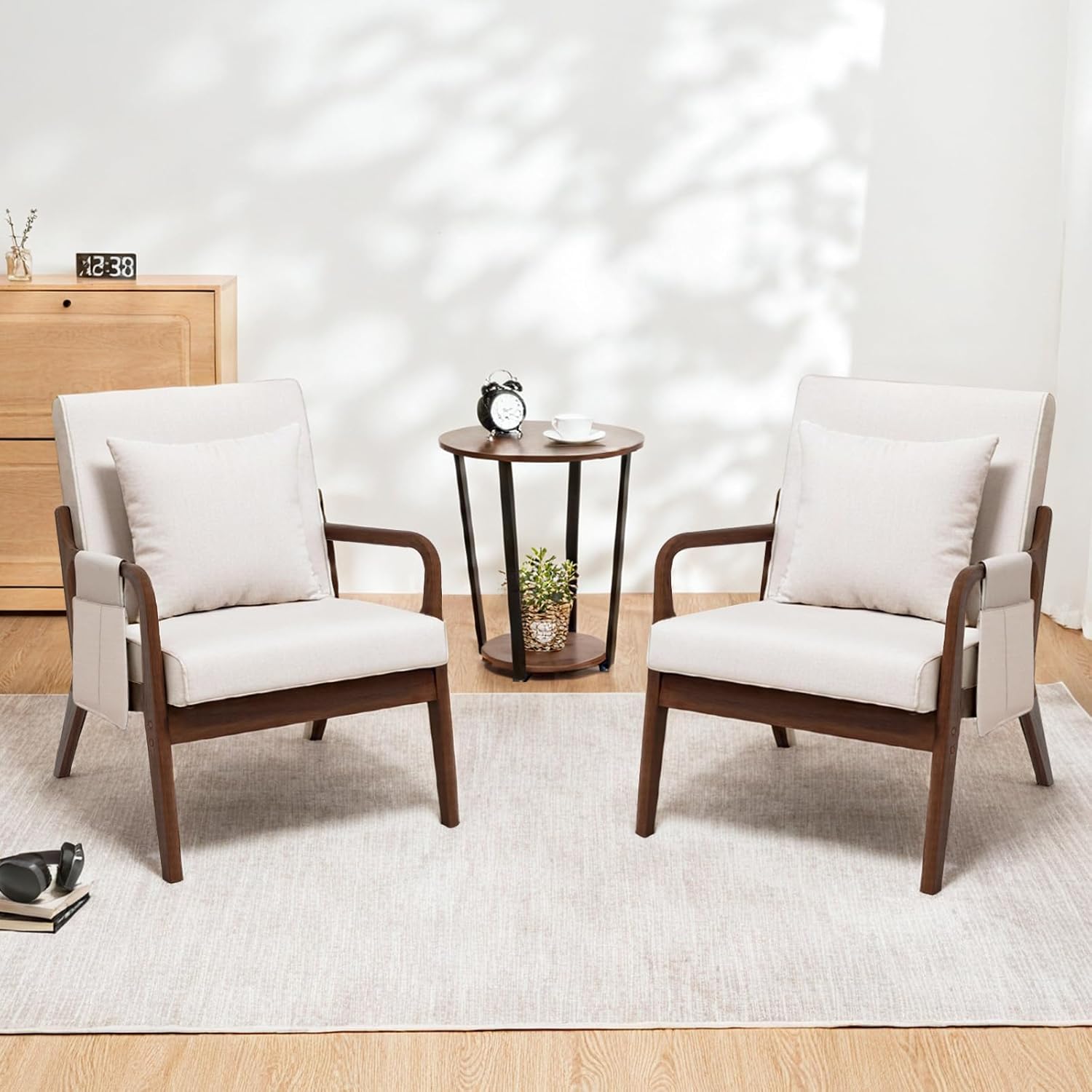 HOMMPA Mid-Century Modern Accent Chair Set of 2, Comfy Reading Armchair with Solid Wood Frame & Lumbar Pillow, Upholstered Linen Lounge Chair with Side Pocket for Living Room, Bedroom,Balcony(Beige)