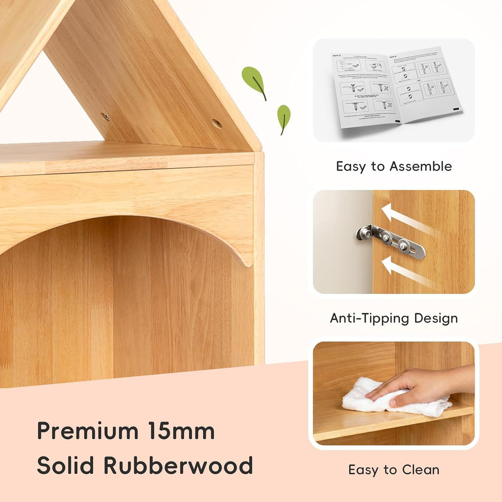 OOOK Rubberwood Montessori Shelf, 3-Tier Toy Organizers and Storage, Wood Corner Cabinet for Kids Room, Playroom, Nursery, Classroom, Kindergarten