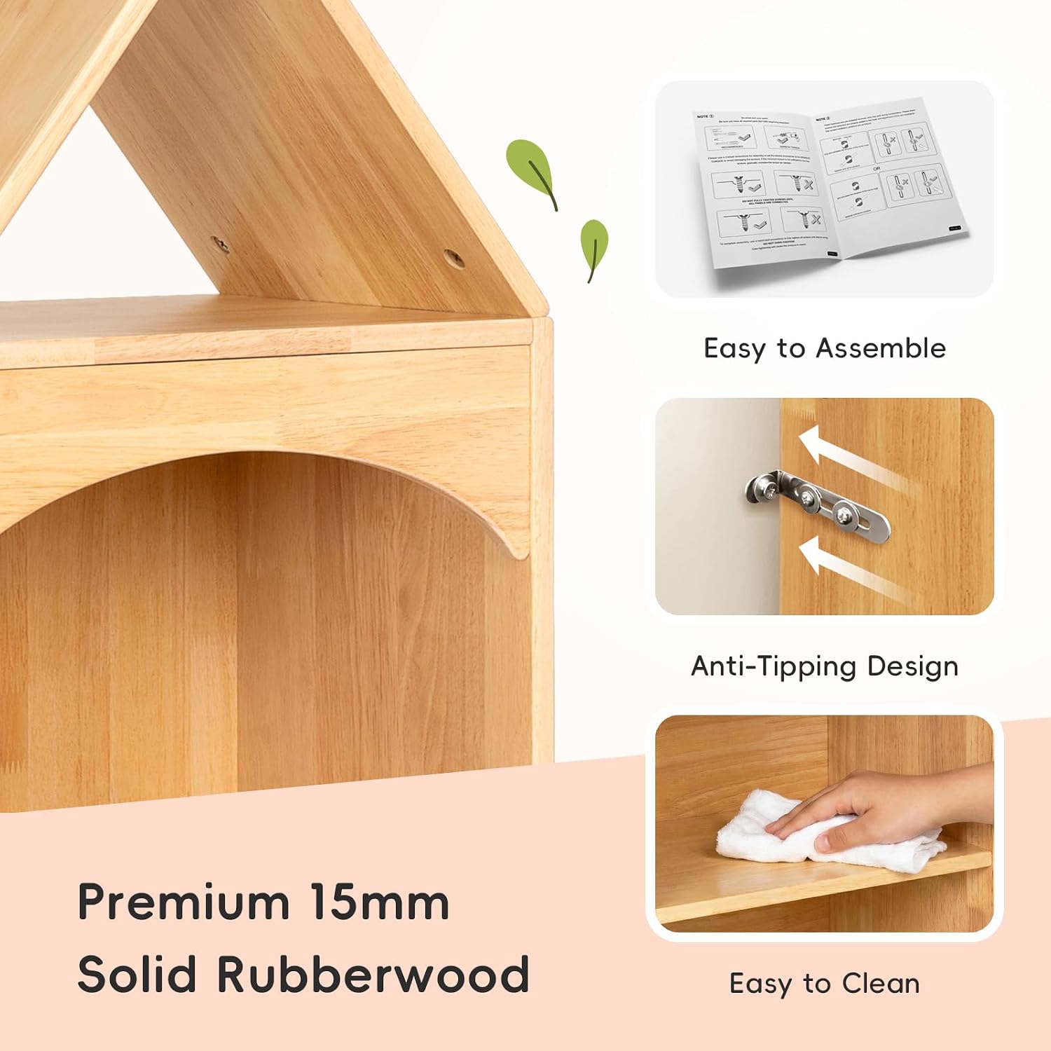 OOOK Rubberwood Montessori Shelf, 3-Tier Toy Organizers and Storage, Wood Corner Cabinet for Kids Room, Playroom, Nursery, Classroom, Kindergarten