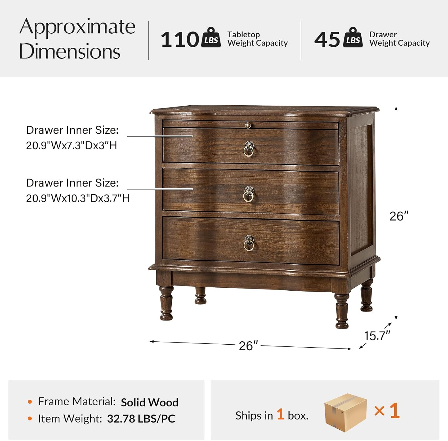 HULALA HOME Solid Wood End Table with Charging Station, 3 Drawer End Table with Pull-Out Tray, USB & Type-C Ports, Traditional Curved Front Accent Side Table for Living Room Sofa, Walnut